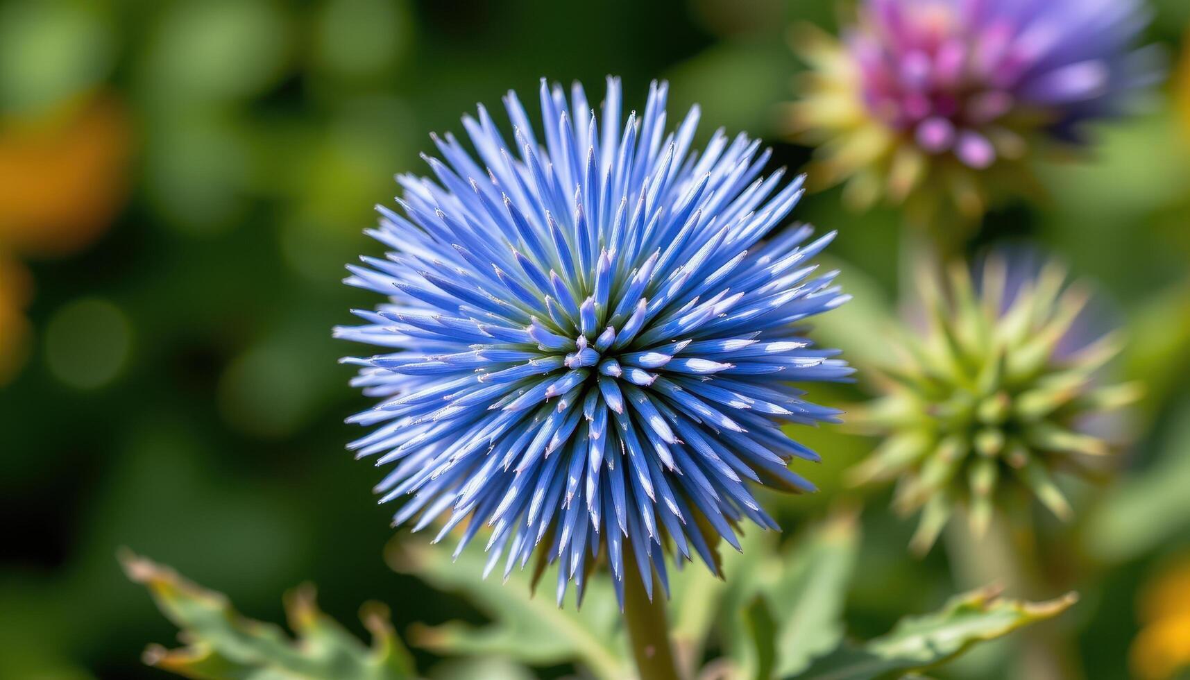 close up view of a globe thistle with spherical flower head composed of sharp, spiky blue florets. photo