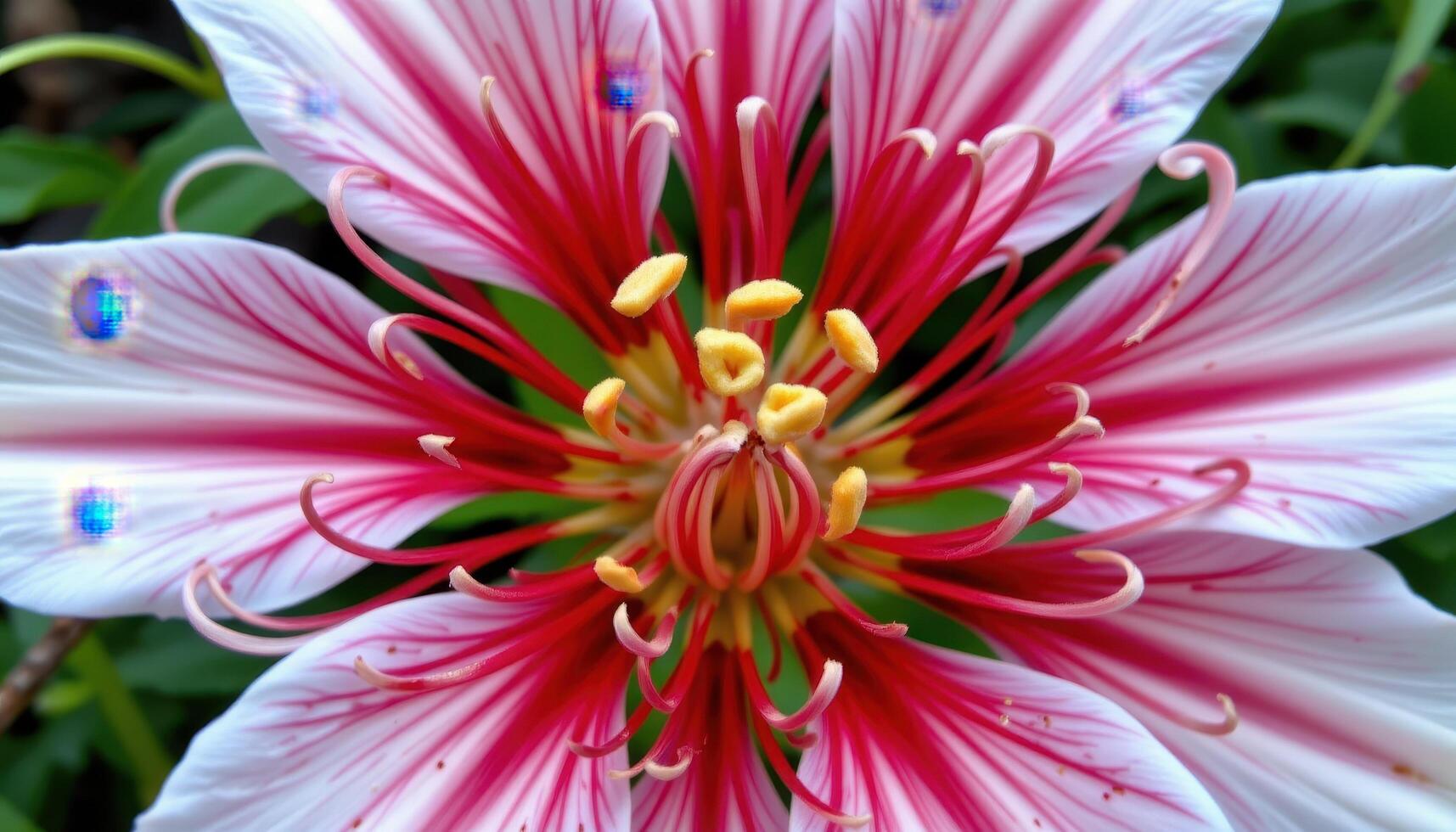 close up view of a spider lily with thin, curling petals radiating like fireworks from a central bloom. photo