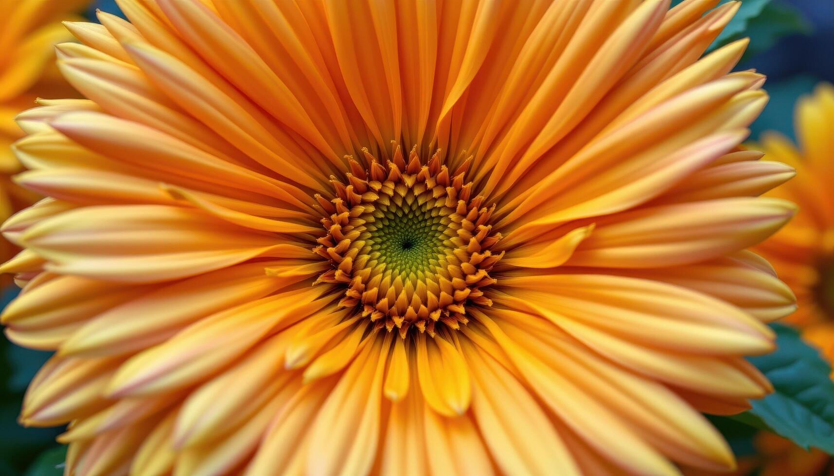 close up view of a calendula flower with vivid yellow orange petals arranged in radiant spirals. photo