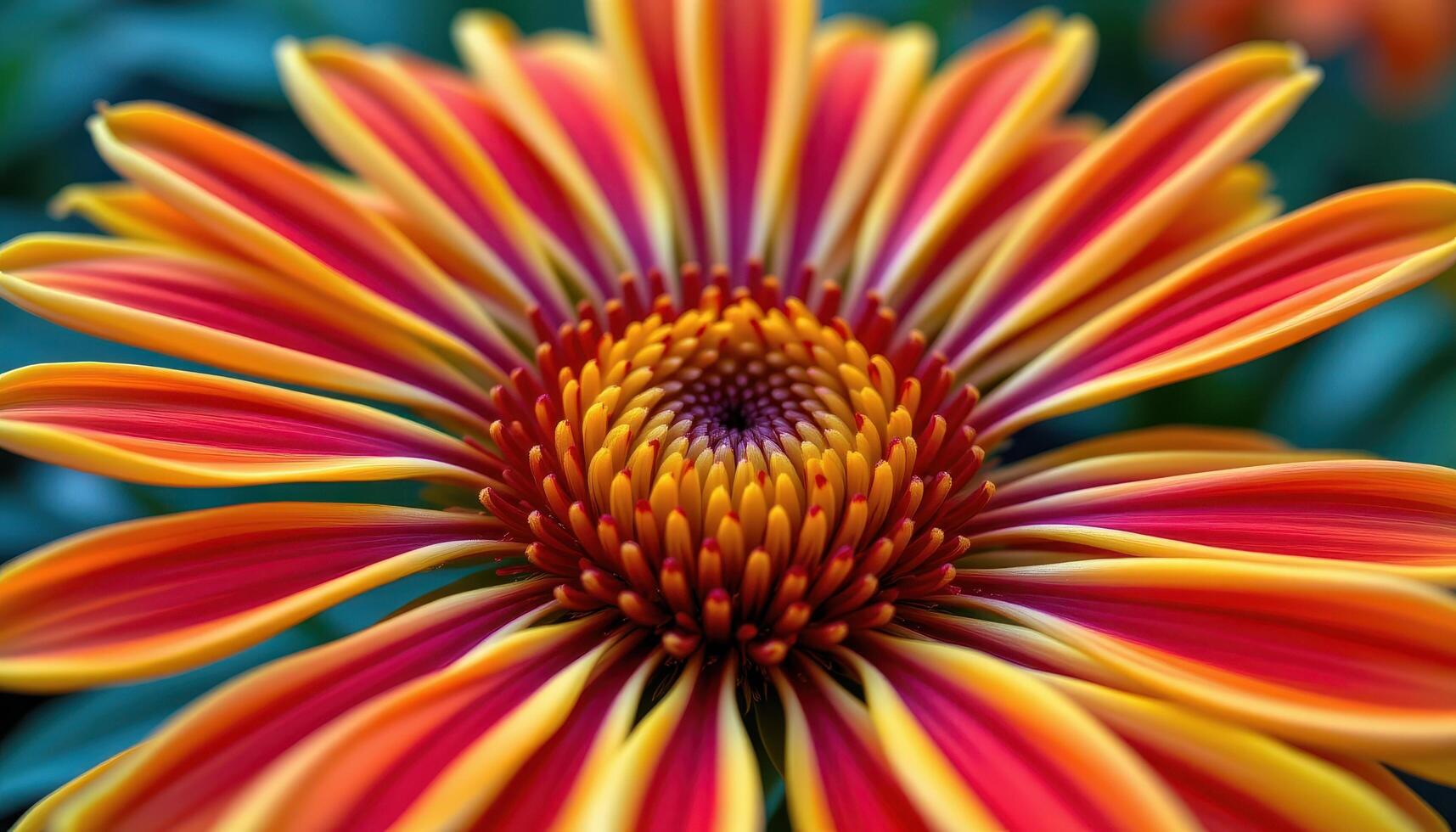 close up view of a gaillardia flower with red and yellow petals arranged like a fiery sunburst. photo