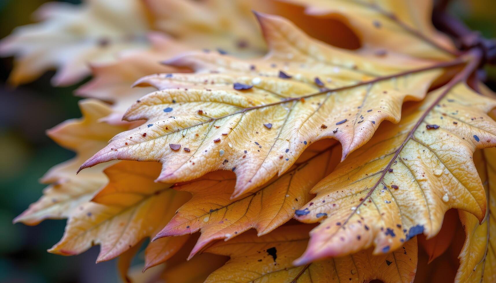 close up view of golden autumn oak leaves stacked in layers, each showing crisp edges and delicate brown spots. photo