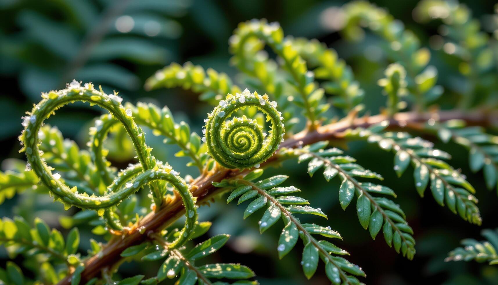 close up view of dew covered fern fronds unfurling in elegant spirals under soft morning light. photo