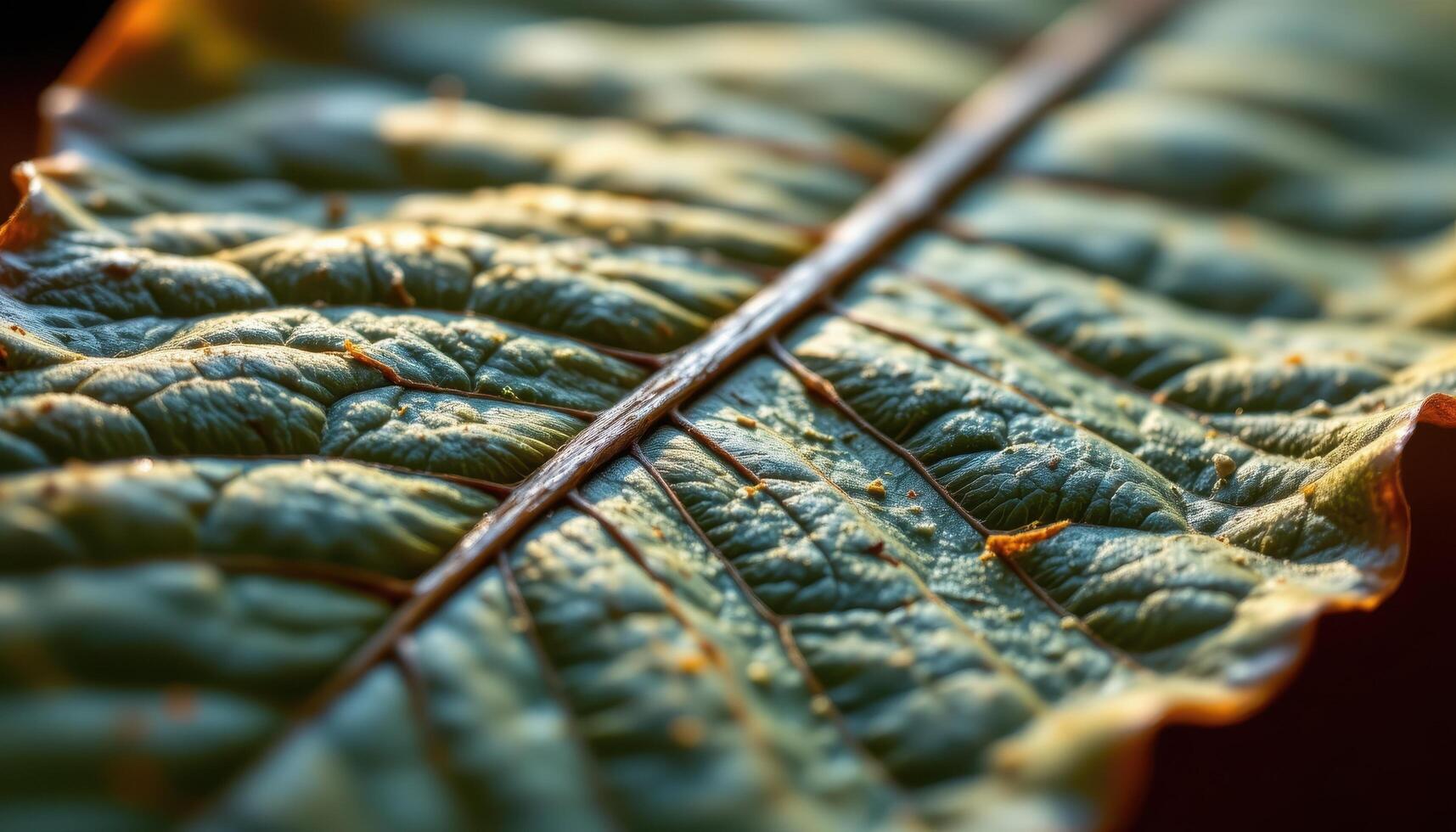 close up view of a tobacco leaf with long central vein and curled edges in warm light. photo