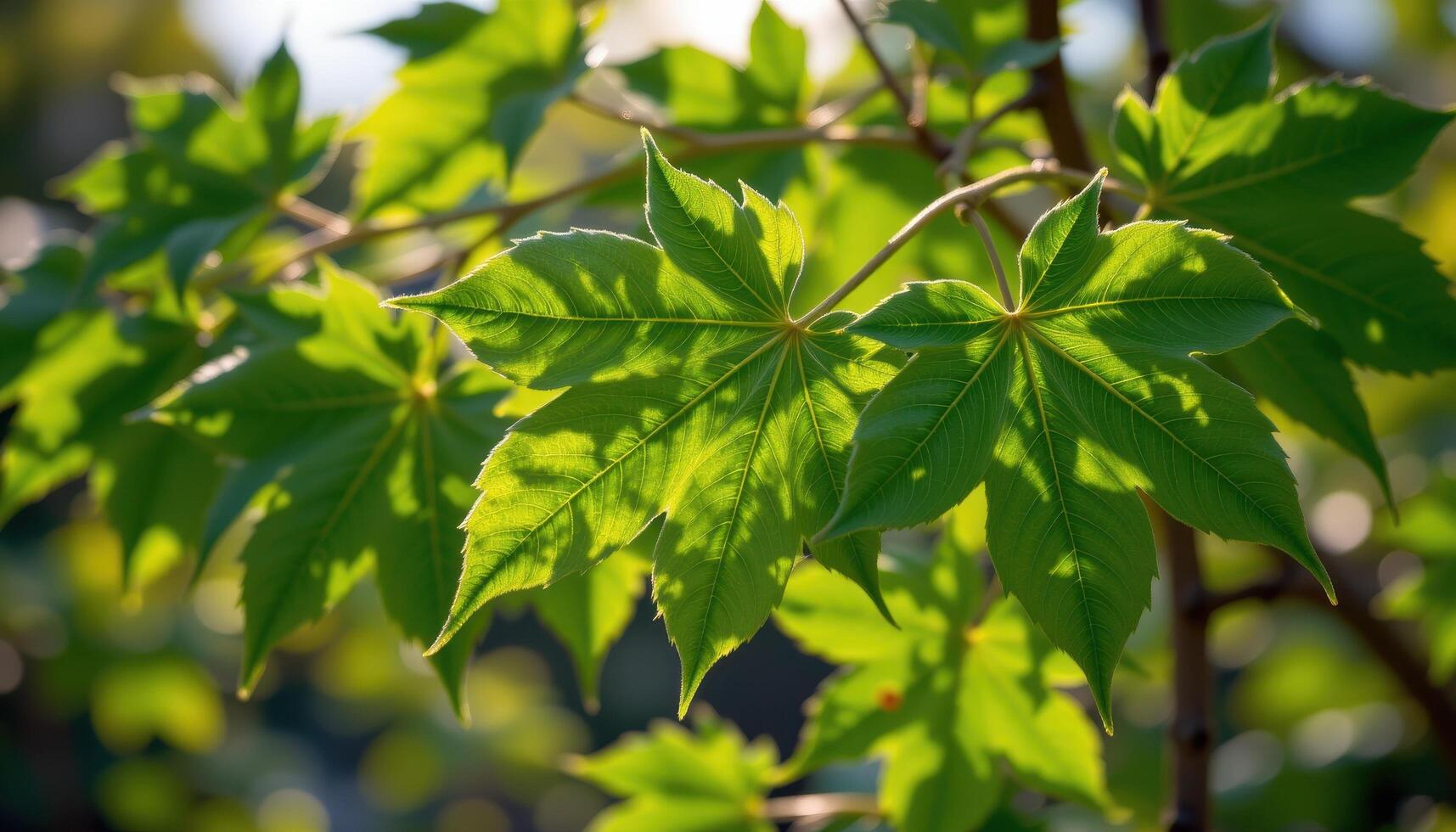 close up view of vibrant green maple leaves with detailed vein patterns illuminated by soft morning light. photo