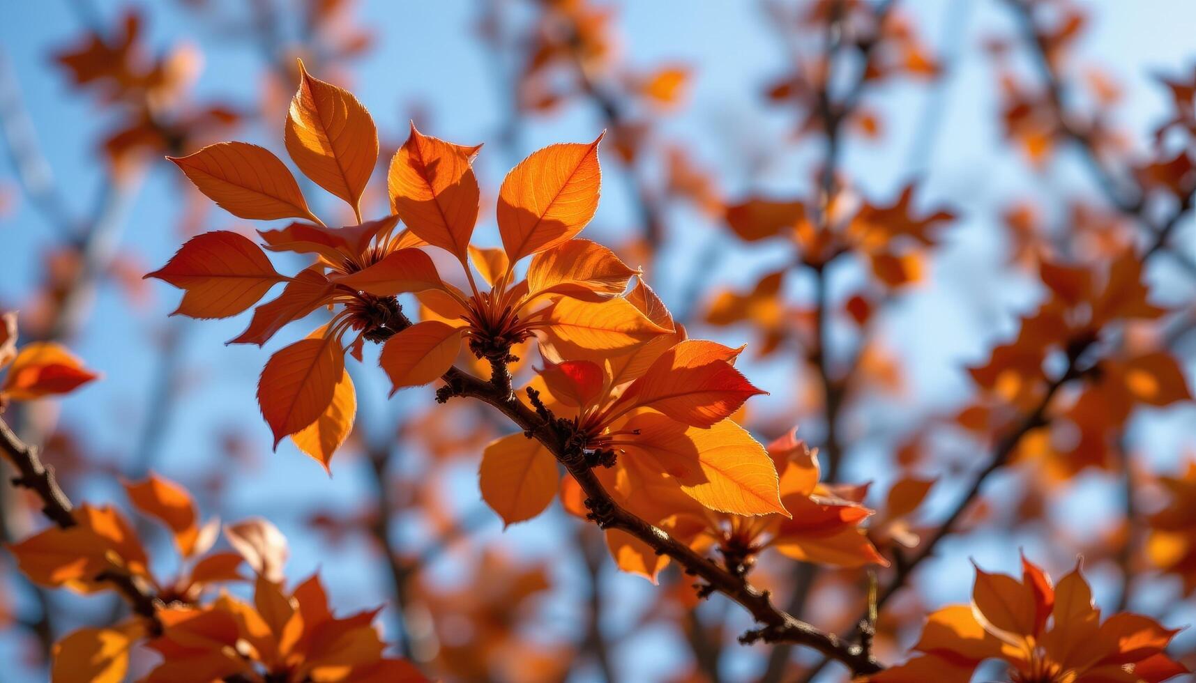 close up view of okame cherry tree leaves turning bronze and gold in autumn light. photo