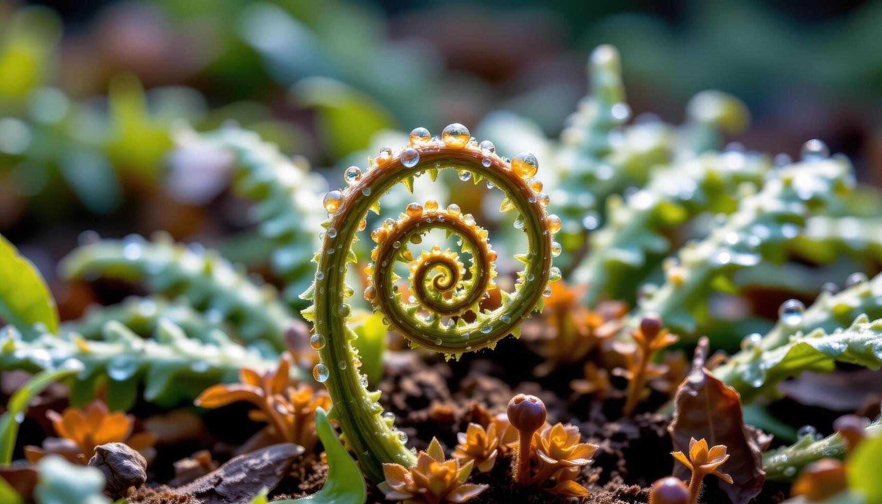 close up view of dew covered fern fronds unfurling in a delicate spiral beneath the canopy. photo