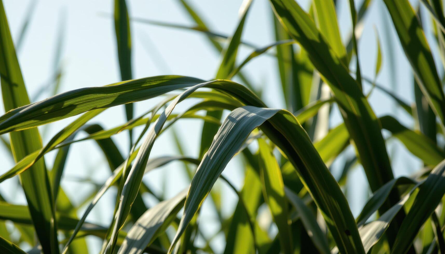 close up view of sugarcane leaves with sharp, linear forms and wind bent silhouettes. photo