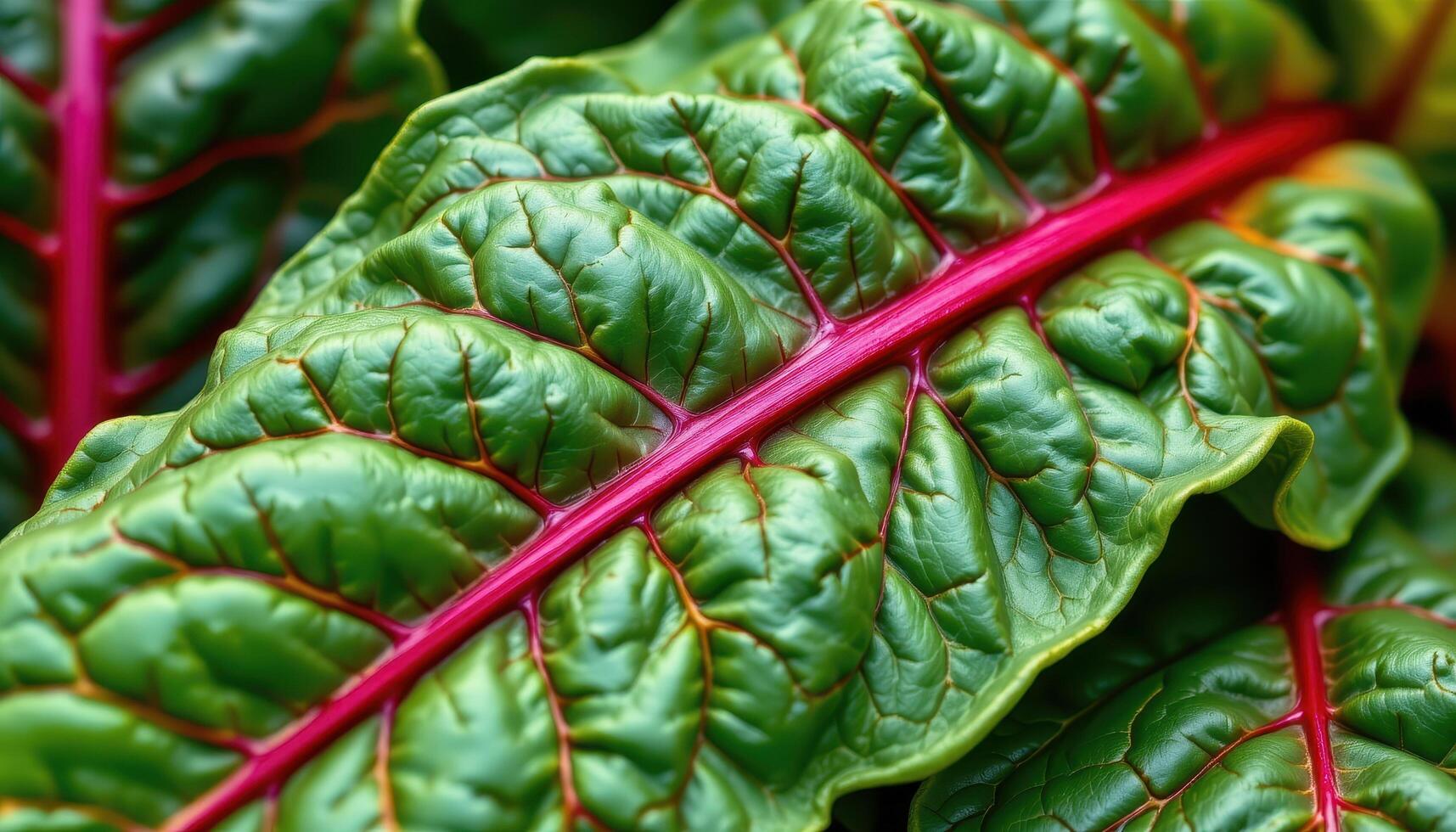 close up view of swiss chard leaves with a bold green surface intersected by vibrant red and orange veins. photo