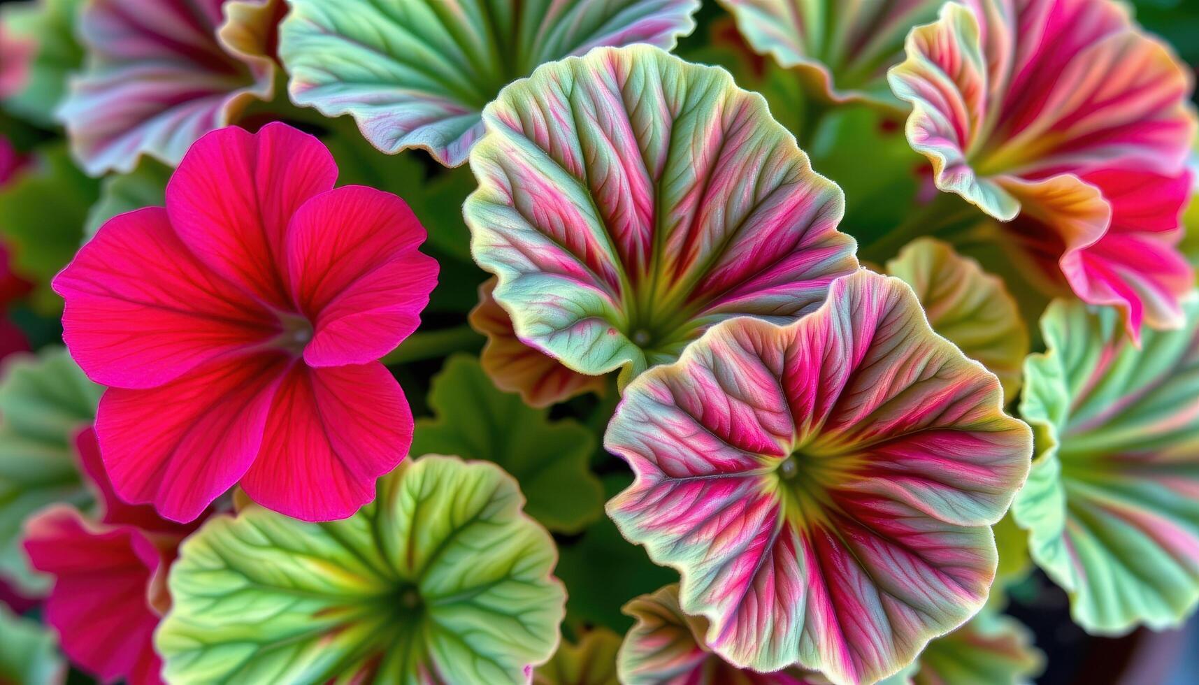 close up view of vibrant geranium leaves with scalloped edges and subtle color gradients. photo