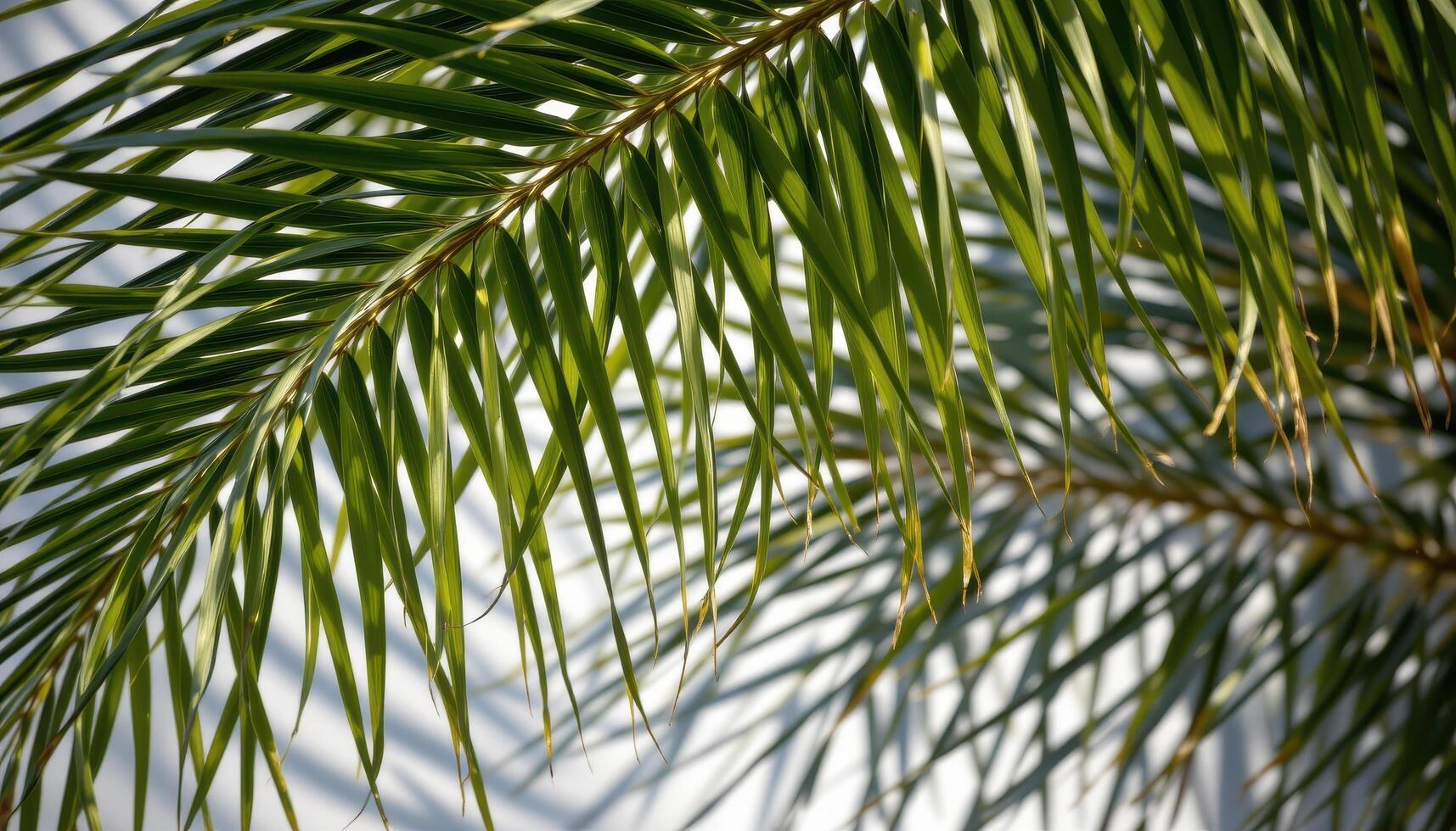close up view of palm fronds interlocking above, casting strong striped shadows below. photo