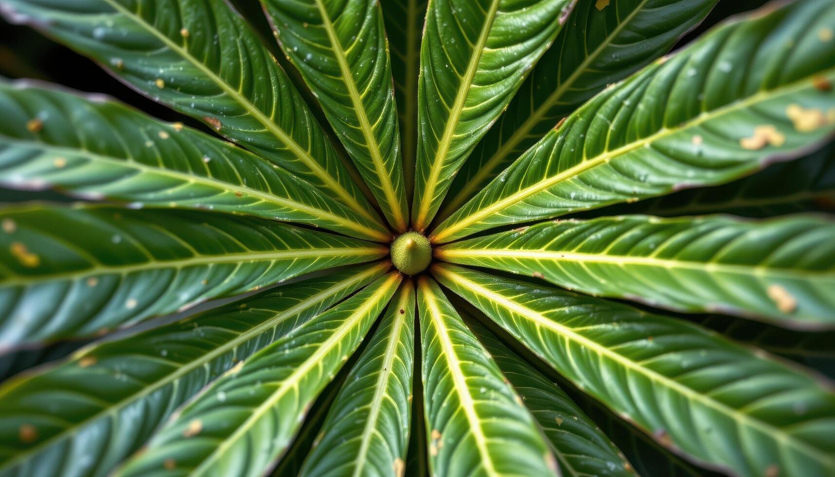 close up view of cassava leaves radiating from a central node like green stars. photo