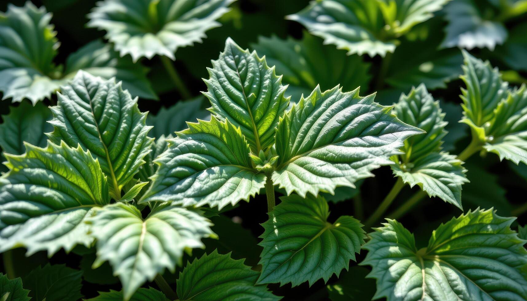 close up view of perilla leaves glowing under soft shade with jagged outlines. photo