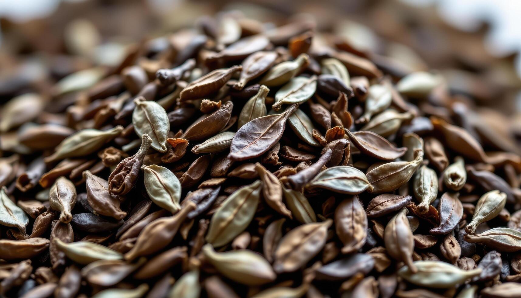 close up view of a pile of tea leaves freshly plucked and scattered in uneven shapes. photo