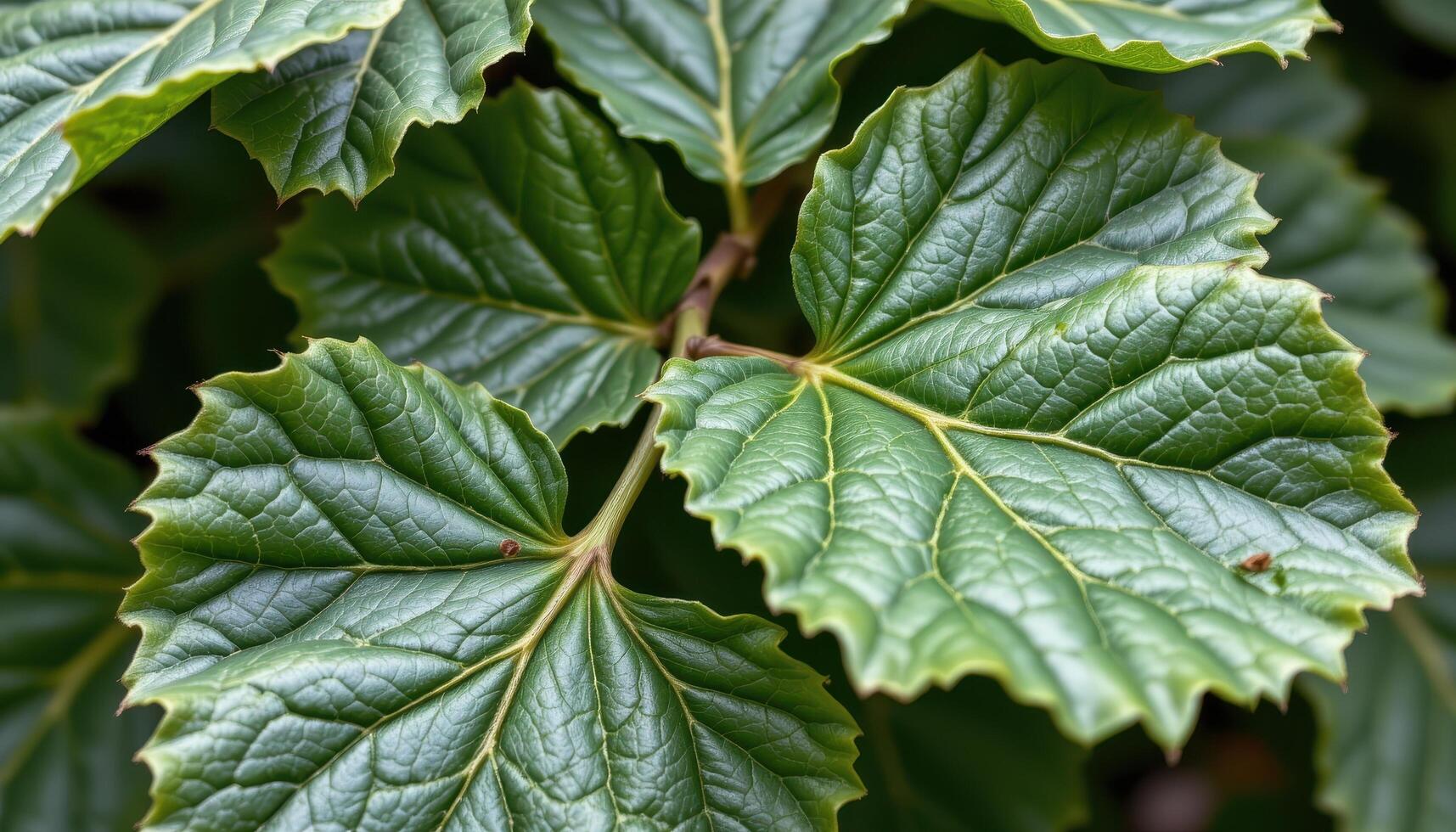 close up view of fig tree leaves with lobed forms and leathery surfaces. photo
