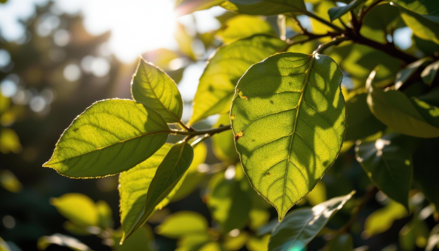 close up view of lemon tree leaves shimmering in golden sunlight with sharp vein lines. photo