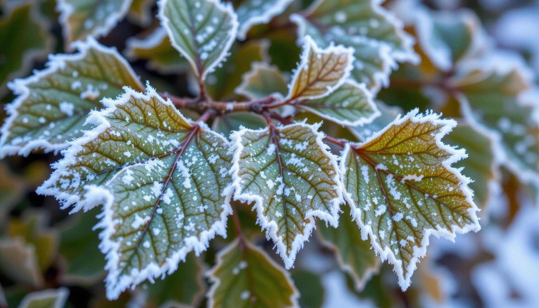 close up view of frosty beech leaves in early winter, their edges dusted with ice crystals. photo