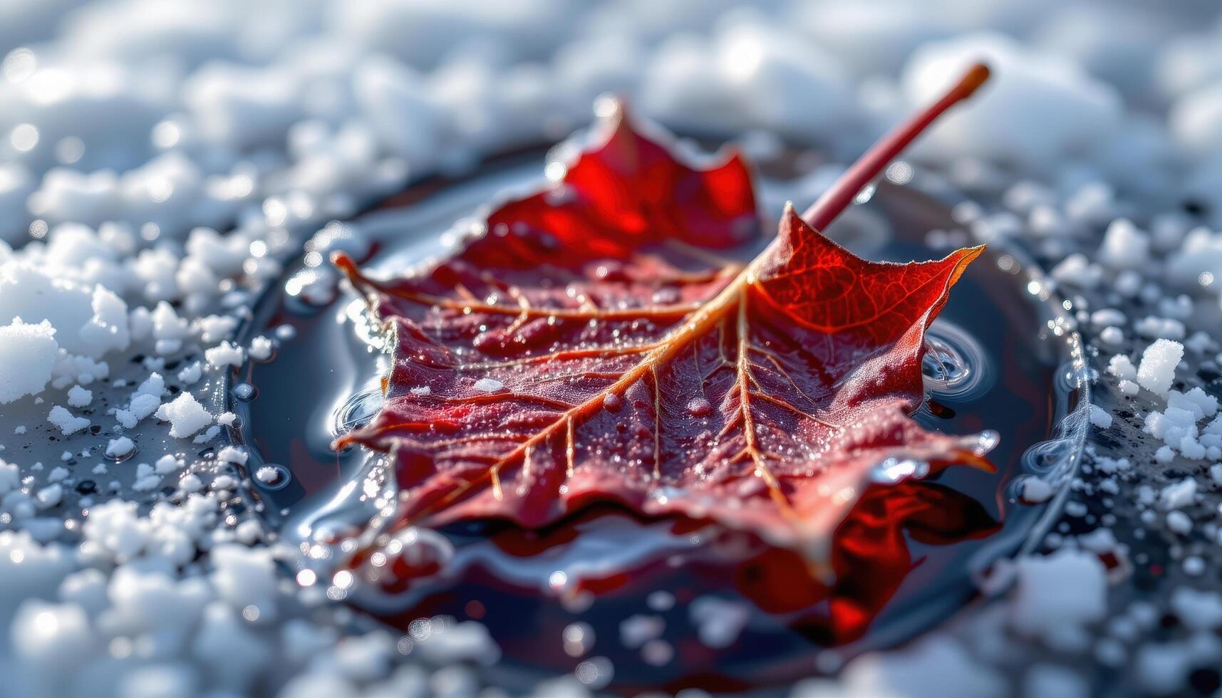 close up view of a single maple leaf trapped in ice, its red color glowing beneath the surface. photo