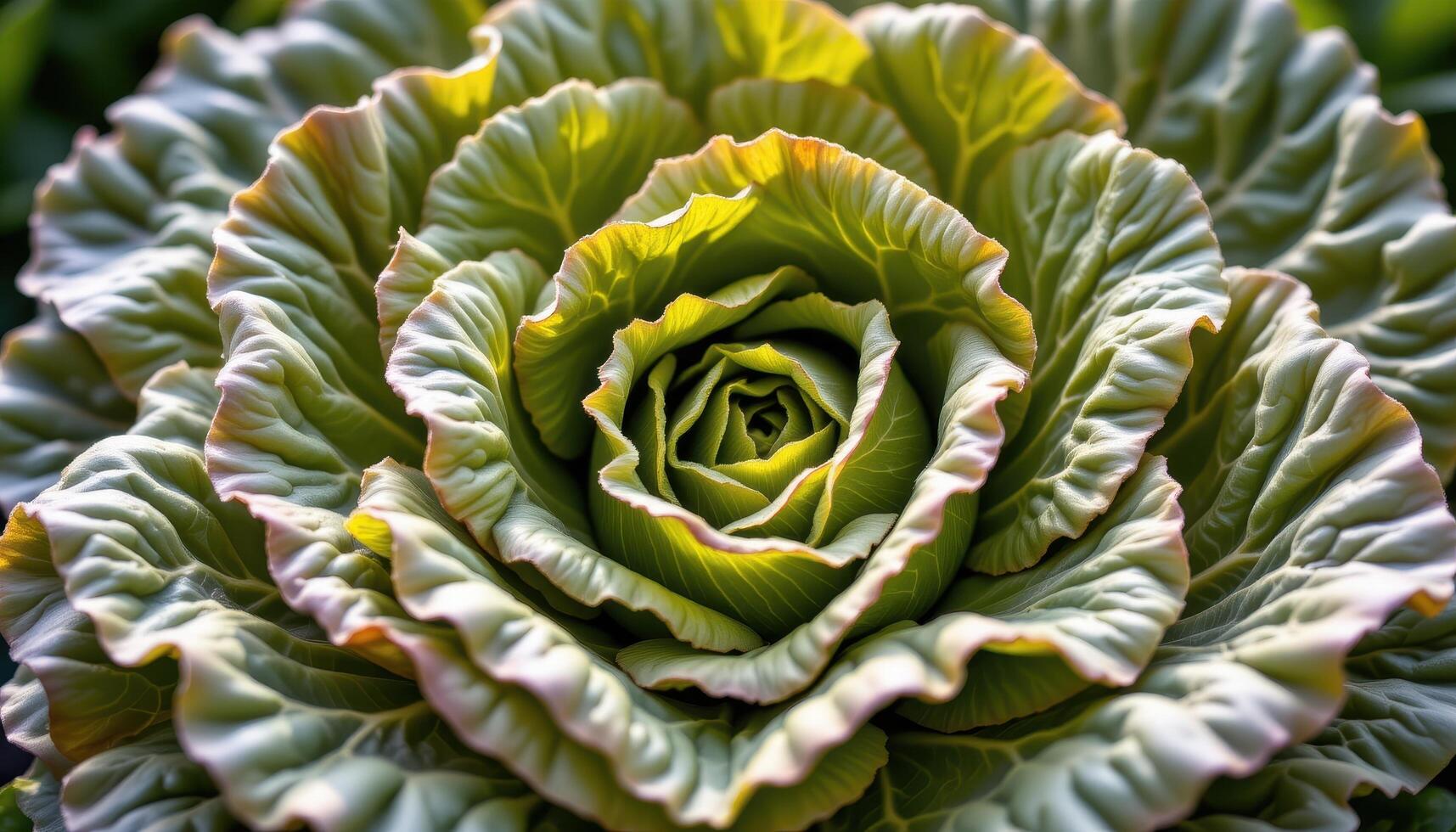 close up view of lettuce leaves layered in loose spirals, their edges ruffled and semi translucent under garden light. photo