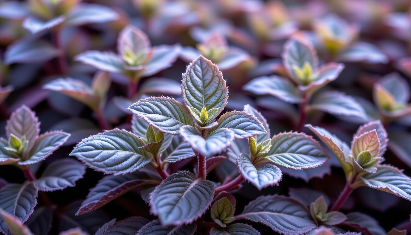 close up view of peppermint leaves growing wildly, their crisp edges curling inward. photo