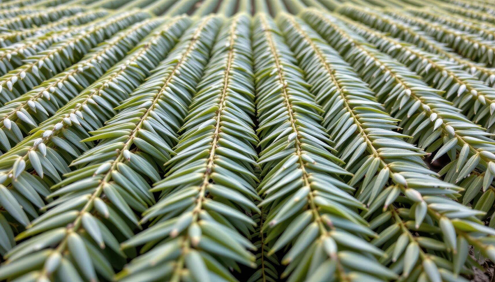 close up view of neem leaves growing in tight rows, their narrow, sharp forms gently hanging downward. photo