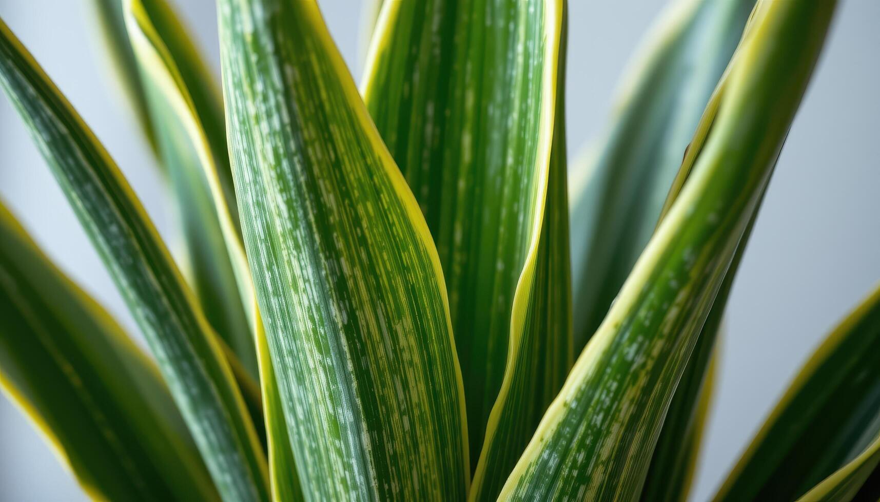close up view of sansevieria leaves tall and rigid with sharp vertical lines and green bands. photo