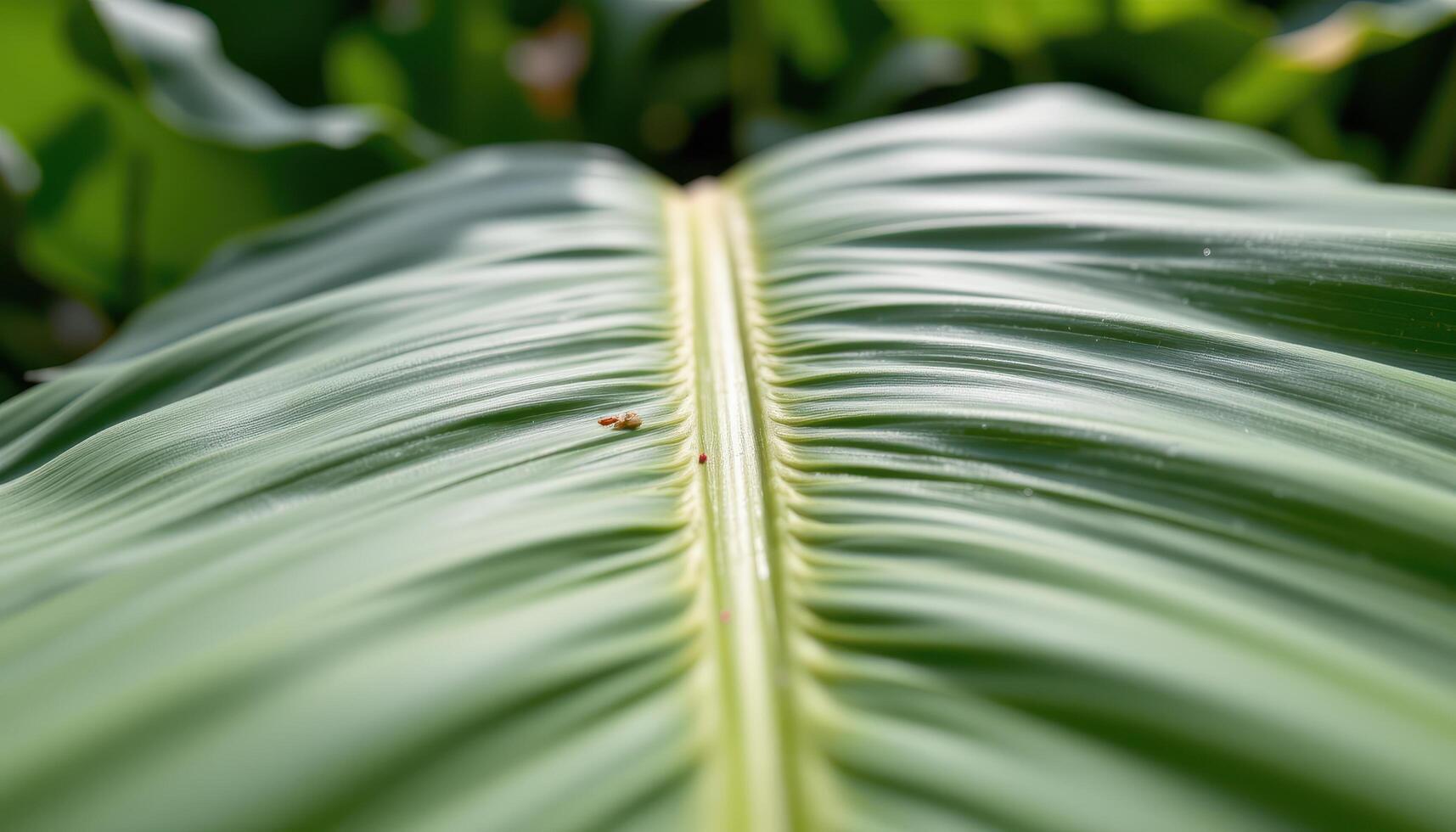close up view of a young banana leaf unfurling in slow motion, its central spine casting a long shadow across its vibrant green surface. photo
