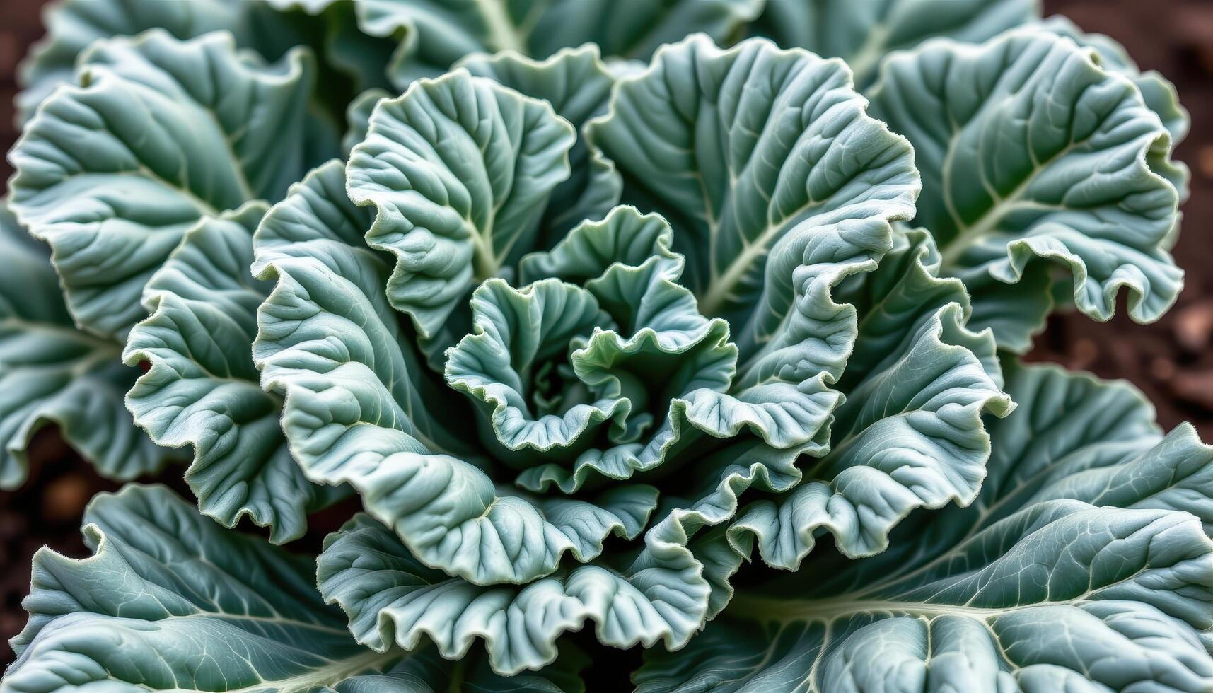 close up view of curled and crinkled kale leaves with rough, fibrous surfaces forming dense bunches in the soil. photo