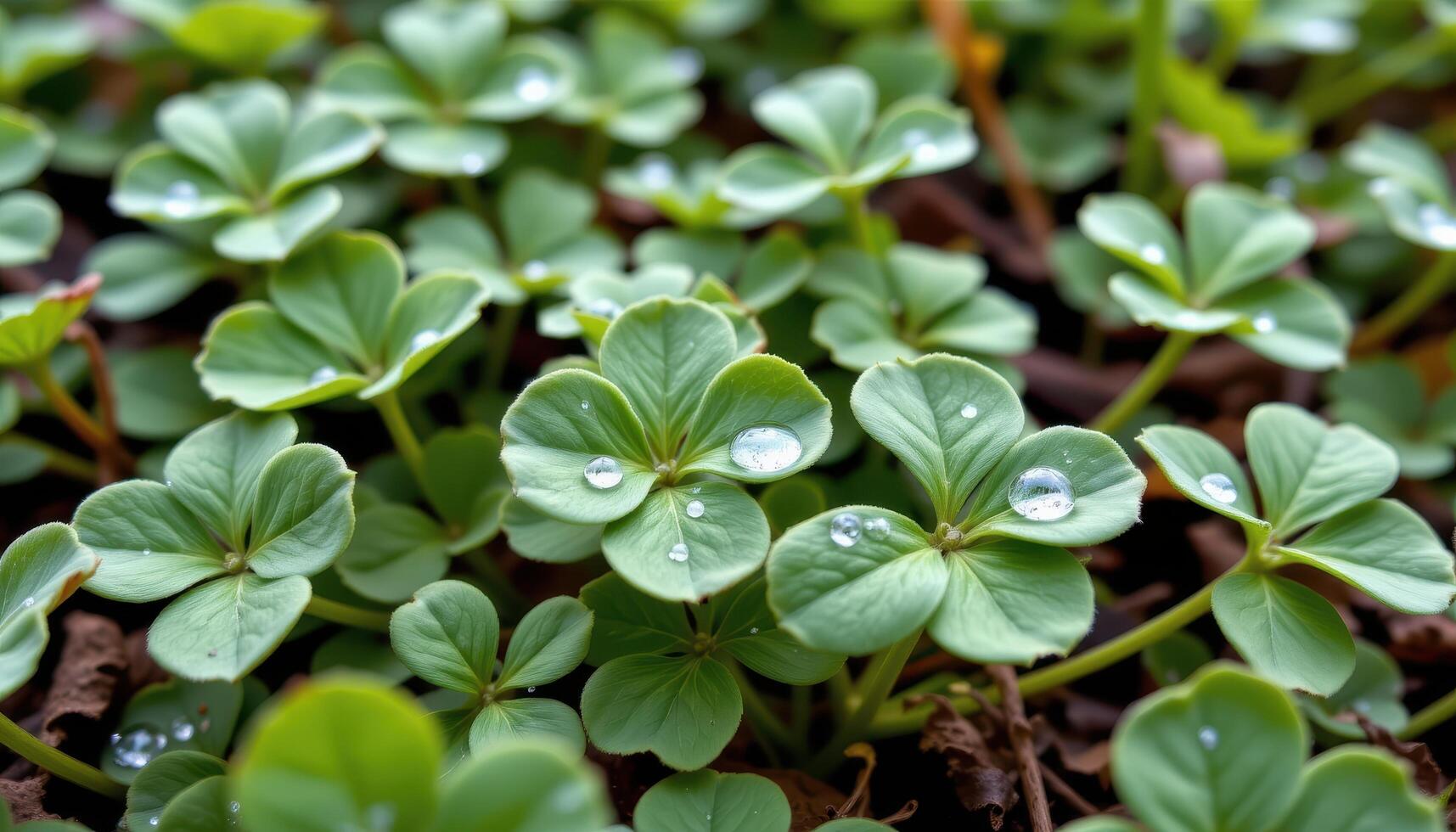 close up view of clover leaves growing low in a damp meadow, each trifoliate form cradling morning dew in its creases. photo