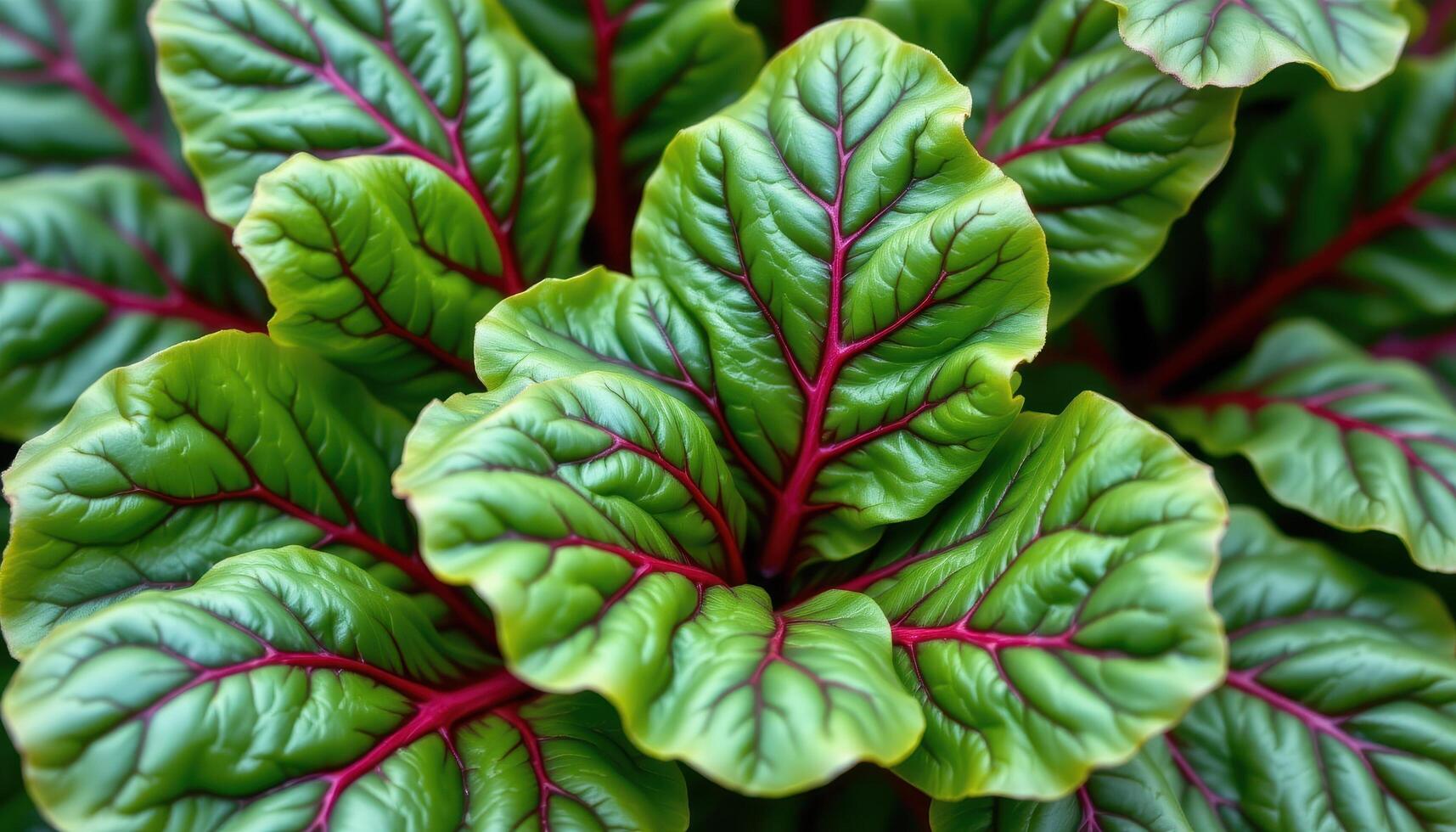 close up view of swiss chard leaves with deep green and red vein networks standing out like living stained glass windows. photo