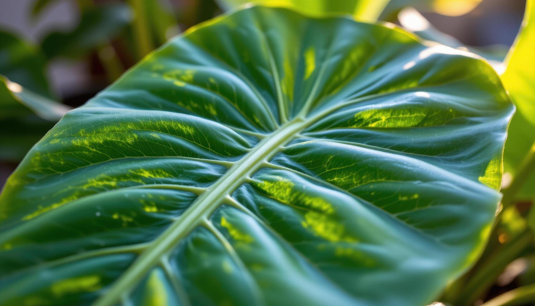 close up view of a single philodendron leaf with velvety texture and deep emerald color glowing in the late afternoon sun. photo