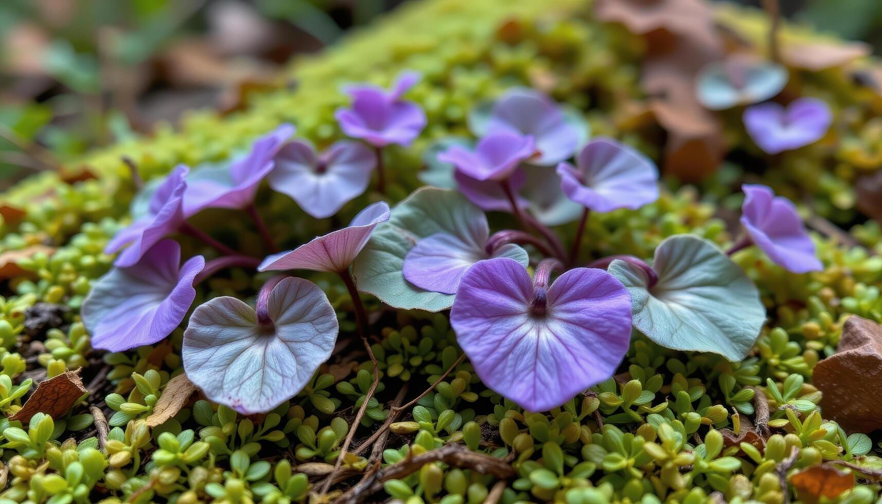 close up view of wild violet leaves with delicate heart shapes nestled among soft moss on the forest floor. photo