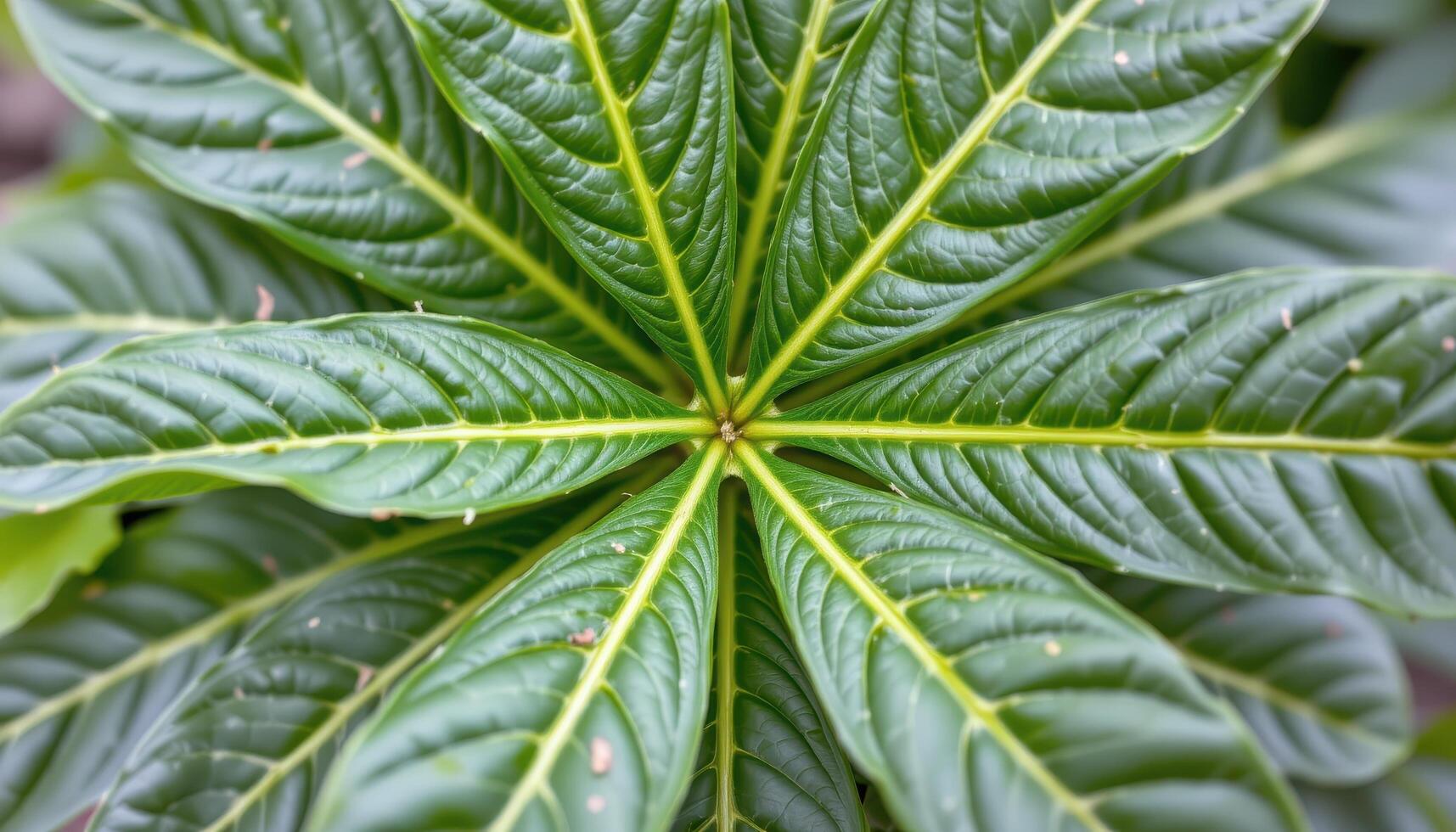 close up view of cassava leaves shaped like stars, each blade extending from a central point with bold definition. photo