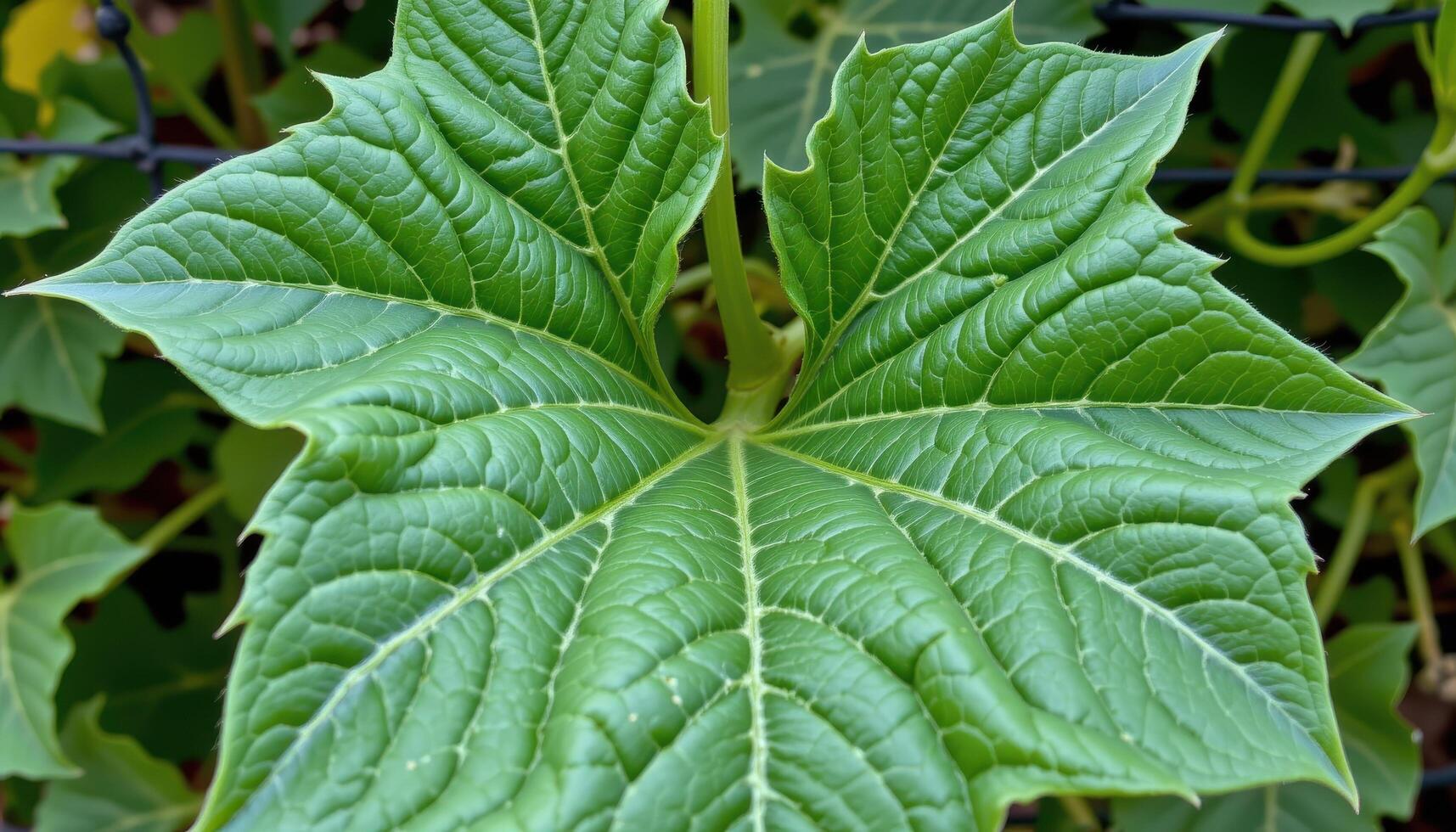 close up view of bitter gourd leaves with star like shapes spreading outward on a garden trellis. photo
