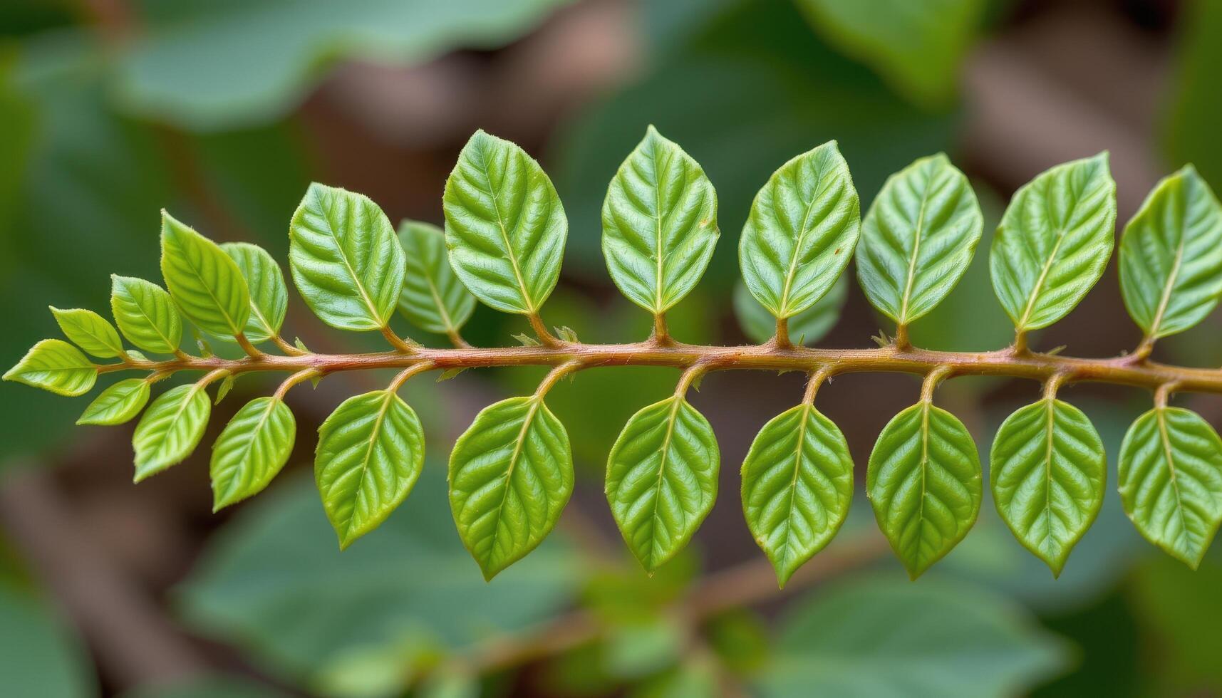 close up view of tamarind leaves arranged in tiny symmetrical pairs along a single thin stem. photo