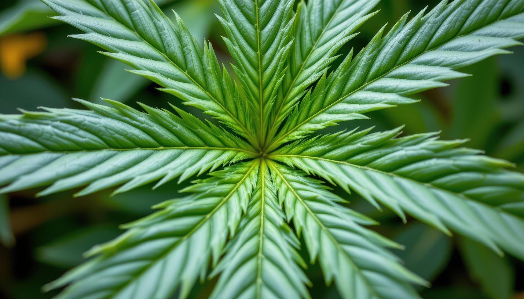 close up view of hemp leaves with narrow serrated fingers radiating in a star pattern. photo