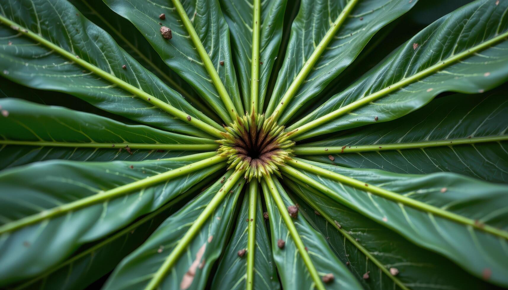 close up view of cassava leaves arranged like spokes from a wheel, their deep green tone catching soft light. photo