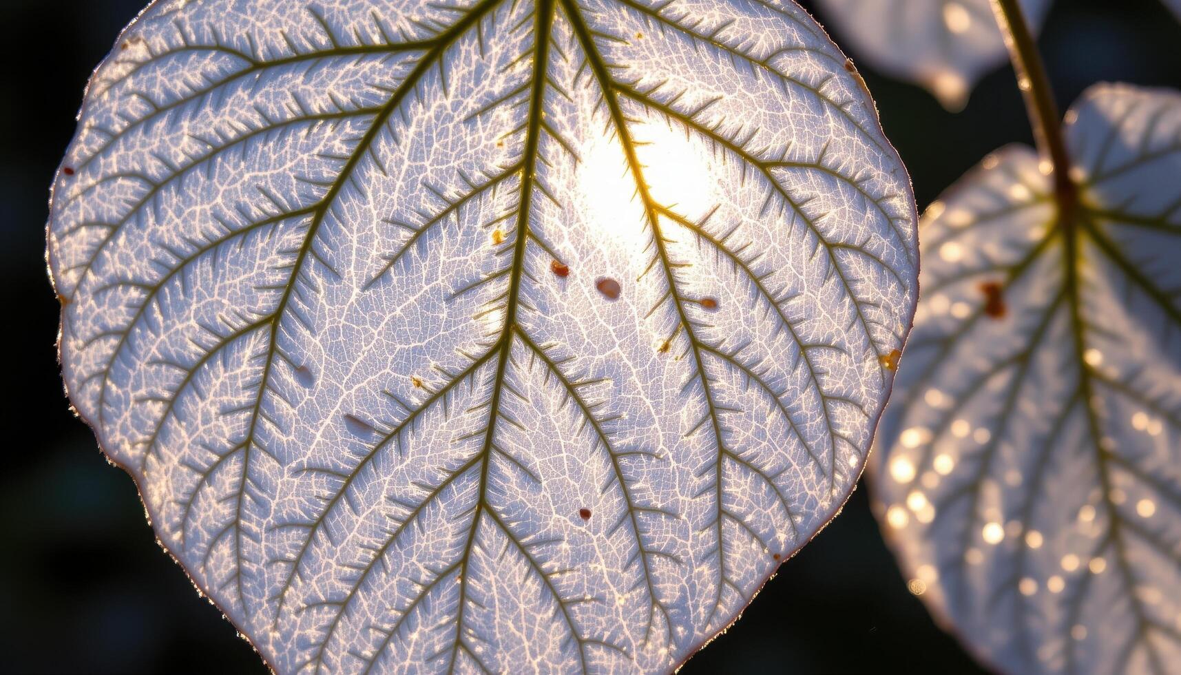 close up view of translucent leaves lit from behind, revealing intricate vein networks in soft sunlight. photo