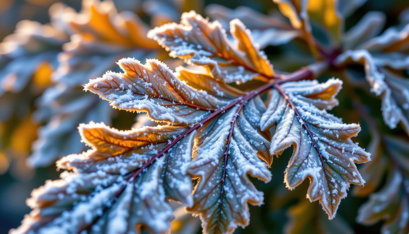 close up view of textured oak leaves layered with frost in early morning light. photo
