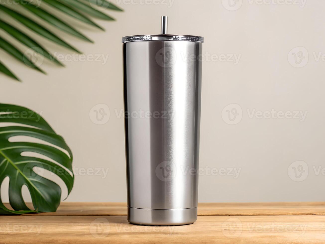 Silver Stainless Steel Tumbler on Wooden Table with Tropical Leaf photo