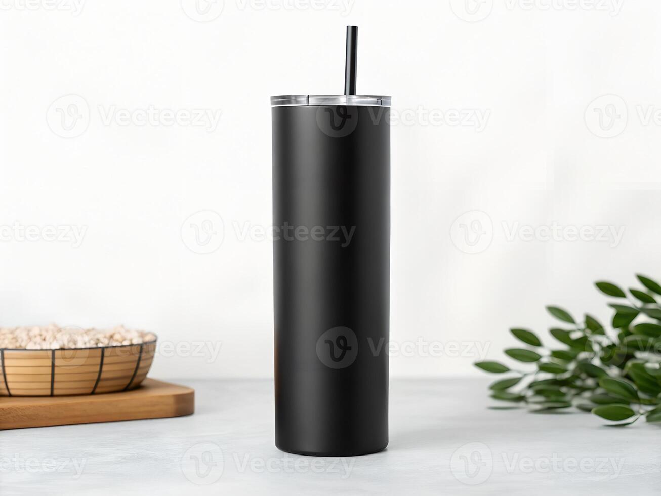 Black Matte Stainless Steel Tumbler with Straw on White Background photo