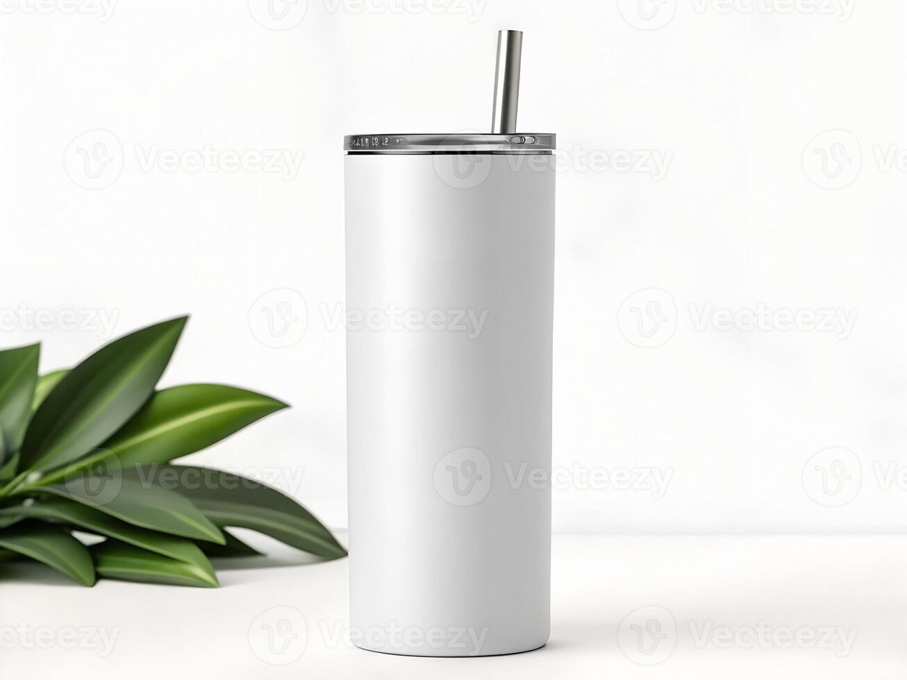 White Stainless Steel Tumbler with Silver Lid and Metal Straw photo