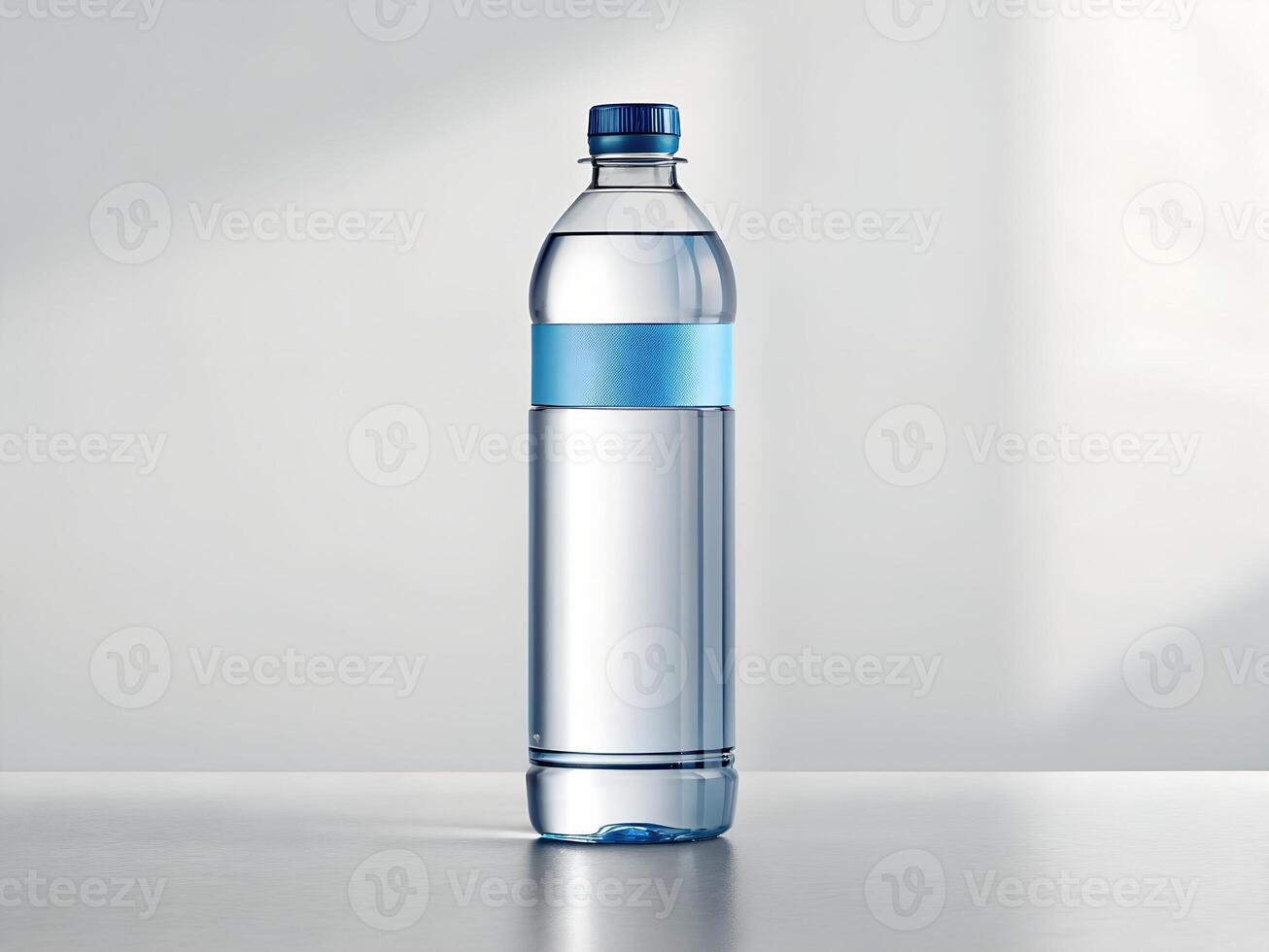 Clear Plastic Water Bottle with Blue Cap and Label on White Table photo