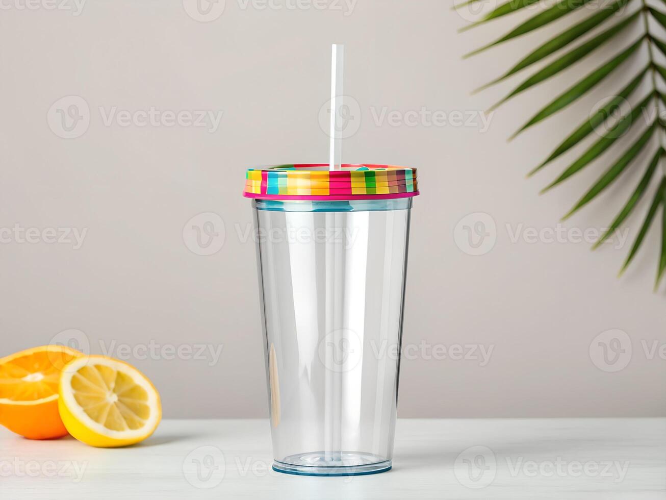 Clear Plastic Tumbler with Colorful Lid and Straw on White Table photo