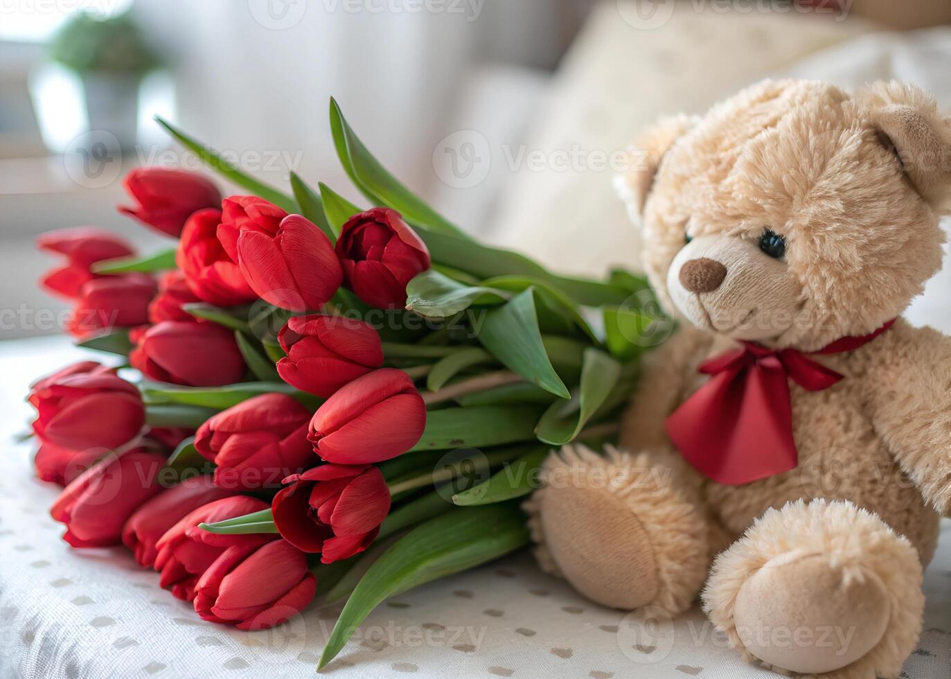 Bouquet of Red Tulips with Teddy Bear photo