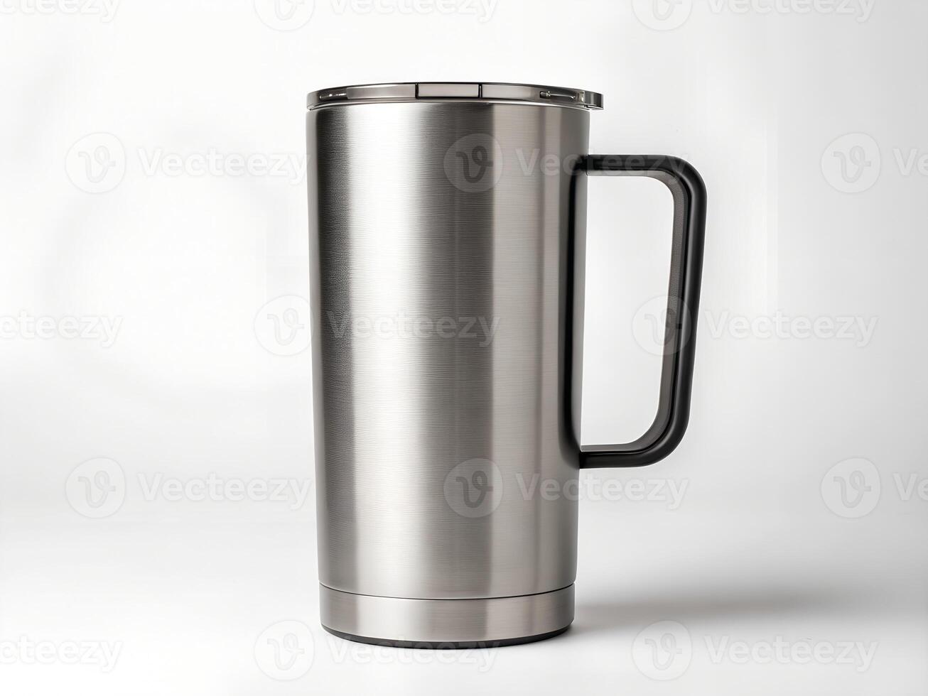Brushed Stainless Steel Tumbler with Black Handle on White Background photo