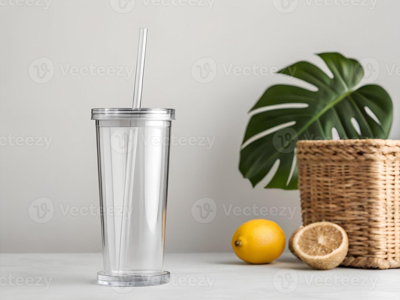 Clear Acrylic Tumbler with Straw and Lid, Lemons and Monstera Leaf photo