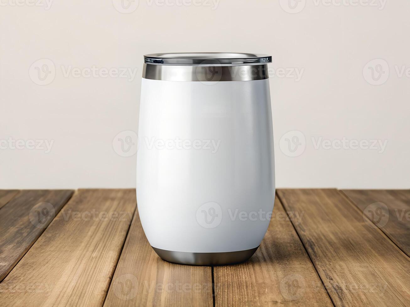 Mockup of Stainless Tumbler on Wooden Table ,Mockup photo