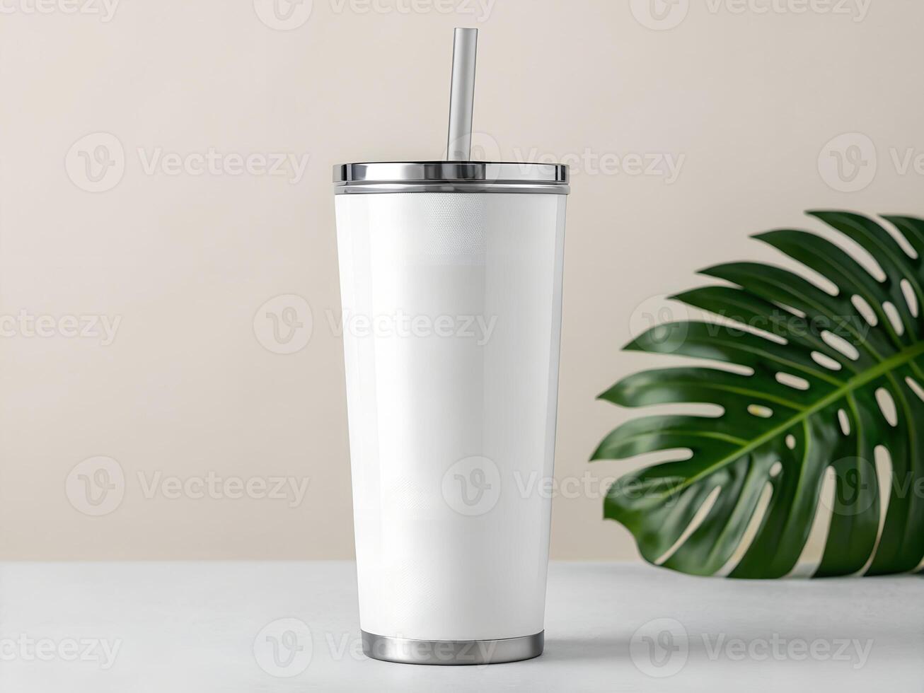 White Stainless Steel Tumbler with Metal Straw and Monstera Leaf photo