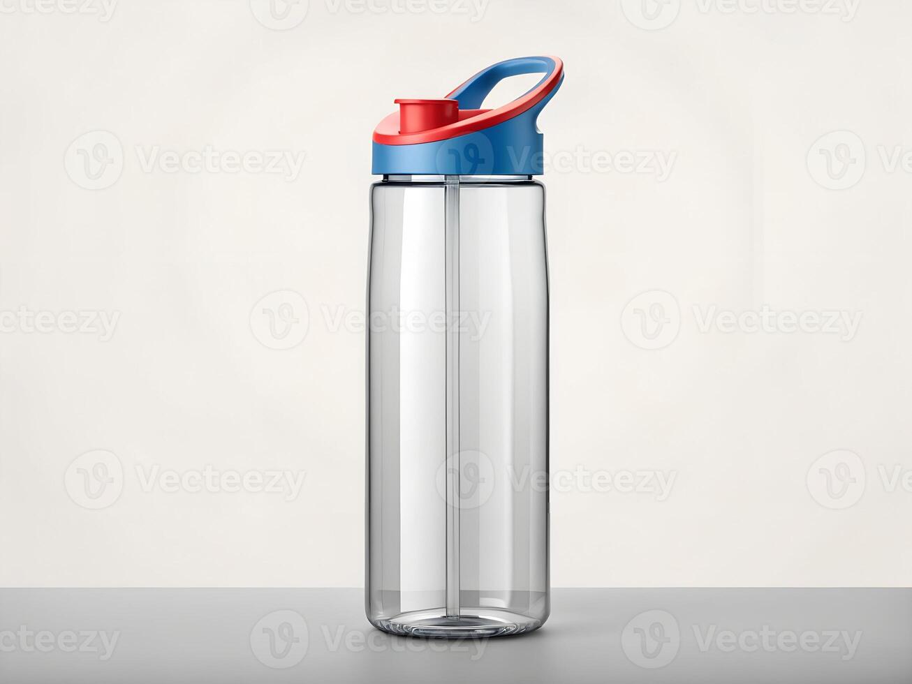 Clear Plastic Water Bottle with Blue and Red Lid and Handle photo