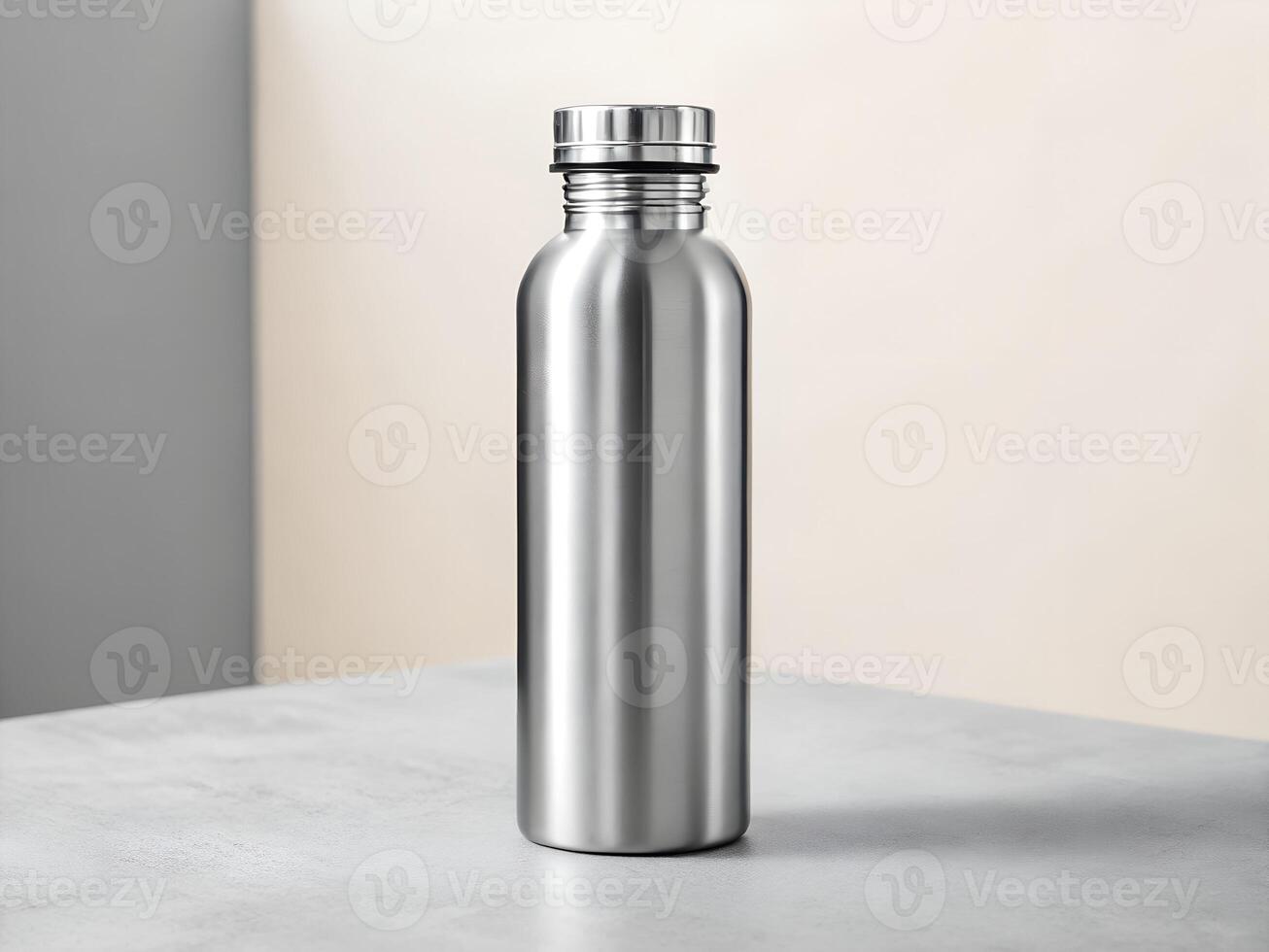 Steel Water Bottle on Grey Surface ,Mockup photo